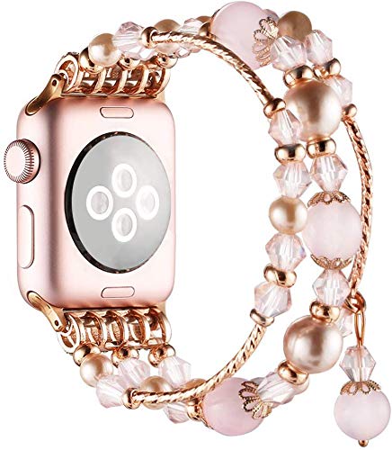 Book Cover Simpeak Beaded Band Compatible with Apple Watch 41mm 40mm 38mm, Handmade Beaded Elastic Women Bracelet Replacement for iWatch Series 8 7 6 SE 5 4 3 2 1, Fixed Size 5.7-6.9, Rose Pink