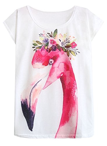 Book Cover FUTURINO Women's Garlanded Flamingo Print Crewneck Short Sleeve T-Shirt Top Tees - White - Large