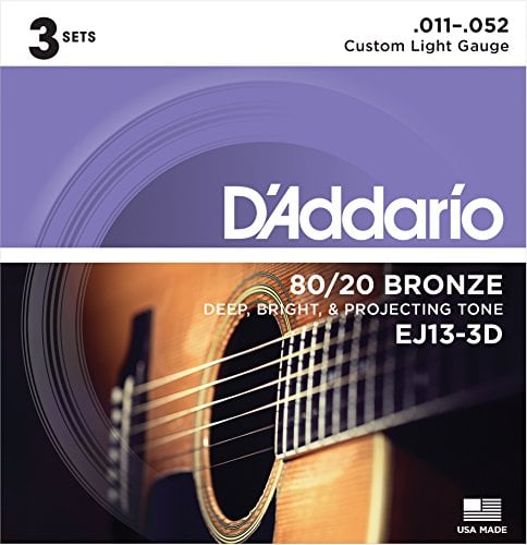 Book Cover D'Addario EJ13-3D 80/20 Bronze Acoustic Guitar Strings, 11-52, 3 Sets, Custom Light