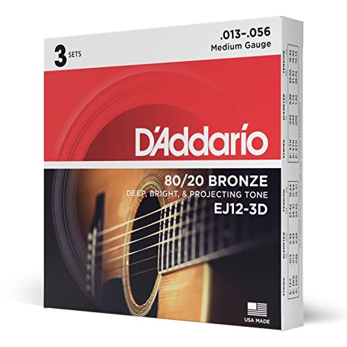 Book Cover D'Addario Guitar Strings - Acoustic Guitar Strings - 80/20 Bronze - For 6 String Guitar - Deep, Bright, Projecting Tone - EJ12-3D - Medium, 13-56 - 3-Pack