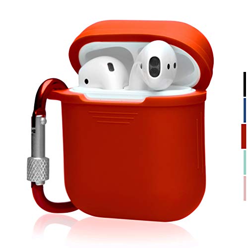 Book Cover The OAKS Improved Airpods Case Protective Cover Skin with Lockable Carabiner and Airpods Strap Compatible with Airpods Charger Case (5 Colours Available) (Red)