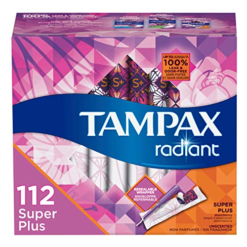 Book Cover Tampax Radiant Plastic Tampons, Super Plus Absorbency, 112 Count, Unscented (28 Count, Pack of 4 -112 Count Total) (Packaging May Vary)