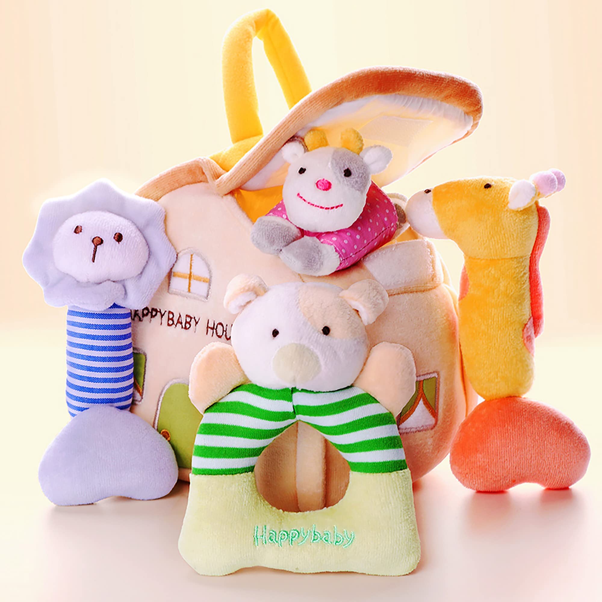 Book Cover iPlay, iLearn 4 Plush Baby Soft Rattle Toys, Hand Grab Sensory Shaker, Farm Stuffed Animal Set, Infant Easter Basket Girls, Unique Newborn Shower Gifts for 2 3 6 9 12 18 Month 1 Year Old Boys Toddlers House