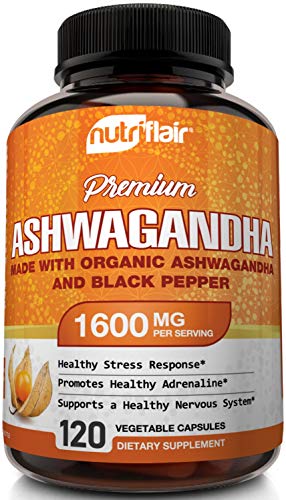 Book Cover NutriFlair Organic Ashwagandha Capsules 1600mg with Black Pepper, 120 Vegan Pills - Powerful Root Powder Supplement - Stress Anxiety Relief, Immune, Mood Enhancer, Energy, Adrenal and Thyroid Support