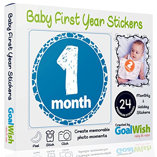 Book Cover Baby Monthly Stickers - Pack of Premium 24 Unisex First Year Stickers for Boys and Girls - 12 Baby Monthly Stickers + 12 Baby Milestone Stickers - Perfect Baby Shower Gift, Newborn Birthday