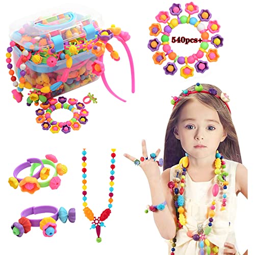 Book Cover Pop Beads Set - 540+ PCS Snap Together Beads for Girls Toddlers Creative DIY Jewelry Set Toys-Making Necklace, Bracelet, Hairband and Ring - Ideal Gift Idea for Christmas & Birthday (Box Packaging)