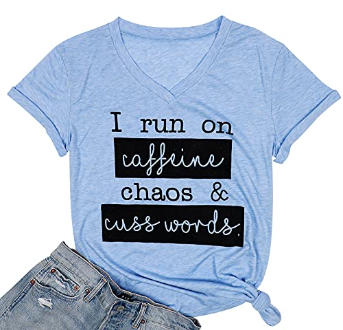 Book Cover I Run On Coffee Chaos Cuss Words T Shirt Women Funny Short Sleeve T-Shirt Mom Gift