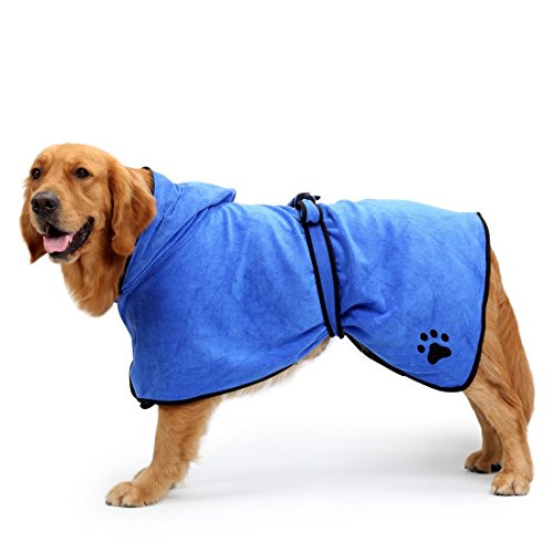 Book Cover BONAWEN Dog Bathrobe Soft Super Absorbent Luxuriously 100% Microfiber Dog Drying Towel Robe with Hood/Belt for Extra Large,Large,Medium,Small Dogs (Blue,L)