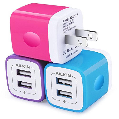 Book Cover USB Wall Charger, Charger Adapter, Ailkin 3-Pack 2.1Amp Dual Port Quick Charger Plug Cube for iPhone 7/6S/6S Plus/6 Plus/6/5S/5, Samsung Galaxy S7/S6/S5 Edge, LG, HTC, Huawei, Moto, Kindle and More