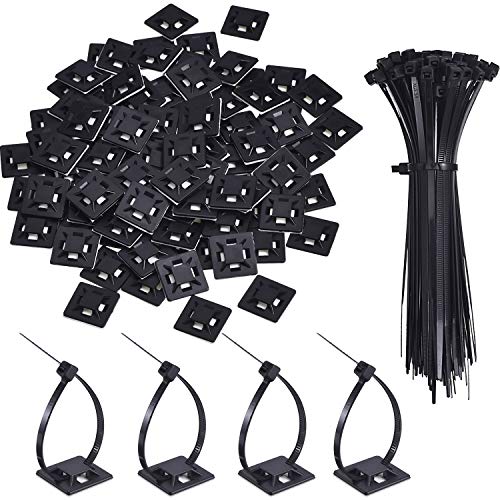 Book Cover 100 Pack Adhesive Clips for Wire Zip Tie Mounts Self Adhesive Cable Tie Base Holders with Black Multi-Purpose Cords Cable Tie Desk Wall Organize (Length 150 mm, Width 2 cm)