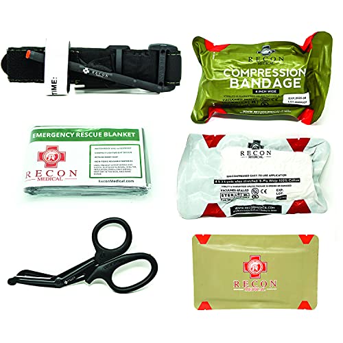 Book Cover Recon Medical GEN 4 Black Tourniquet, Chest Seal, Shear, Gauze, 4 Inch Bandage and Emergency Blanket in a Vacuumed Sealed Bag