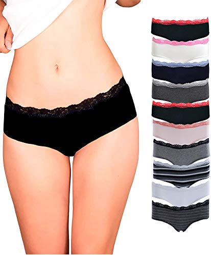 Book Cover Emprella Womens Lace Underwear Hipster Panties Cotton-Spandex-10 Pack Colors and Patterns May Vary,Assorted