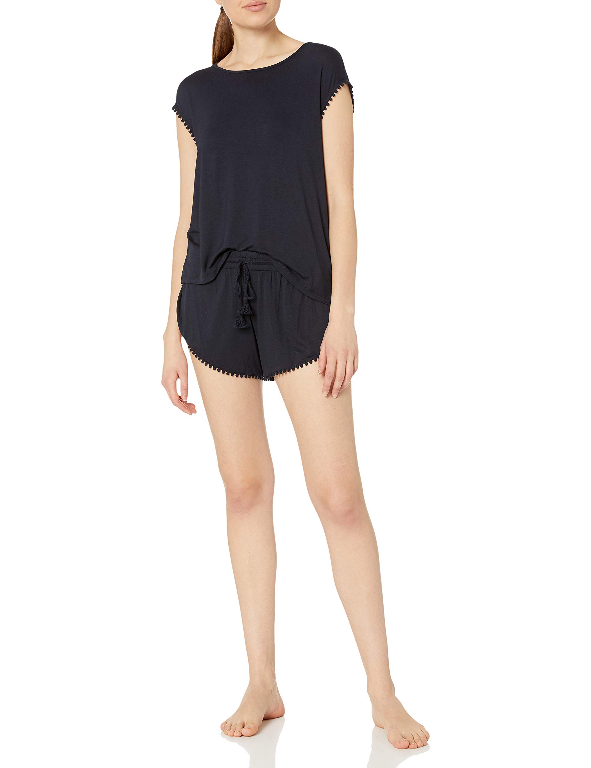Book Cover Amazon Brand - Mae Women's Sleepwear Curved Trim T Shirt and Short Pajama Set