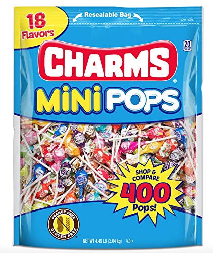 Book Cover Tootsie Roll Charms Mini Pops - 4.5 lb Bag of Individually Wrapped Fruity Hard Candy Lollipops in 18 Fun Flavors - Peanut and Gluten Free, 400 Count