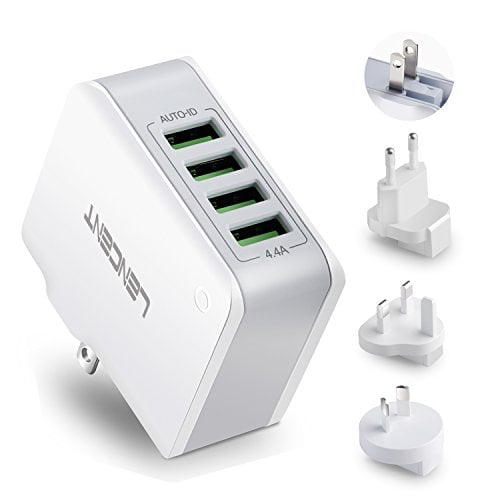 Book Cover LENCENT 4-Port USB Universal Travel Adaptor, 22W/5V 4.4A Wall Charger Plug with UK/USA/EU/AUS Worldwide Travel Charger Adapter for iPhone, iPad, Android Phones, Tablets and etc