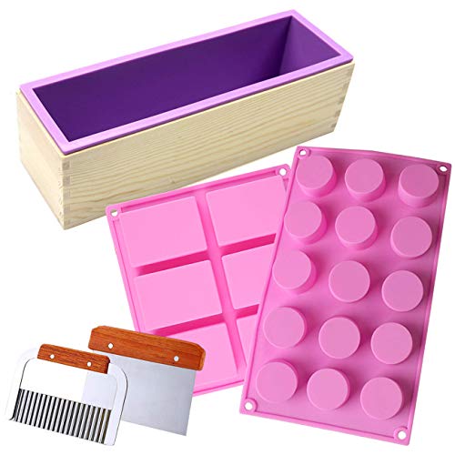 Book Cover Ogrmar Flexible Rectangular Soap Silicone Mold with Wood Box DIY Tool for Soap Cake Making 42oz (Purple-2PCS)