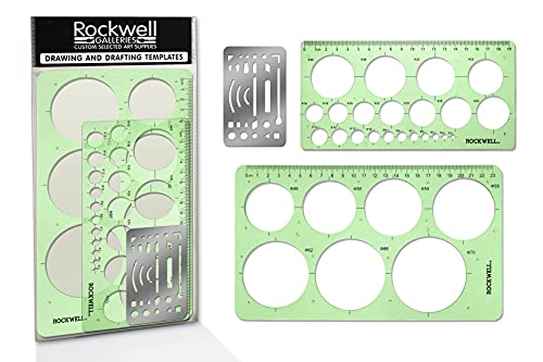 Book Cover Professional Quality Small and Large Circle Templates Set with Erasing Shield for Drawing, Drafting and Creating by Rockwell Galleries - Circle Drawing Template for Office, Class or Personal Drawings