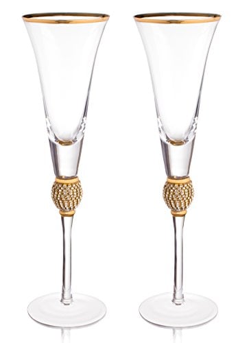 Book Cover Trinkware Wedding Champagne Flutes - Rhinestone DIAMOND Studded Toasting Glasses With Gold Rim - Long Stem, 7oz, 11-inches Tall – Elegant Glassware And Stemware - Set of 2 For Bride And Groom