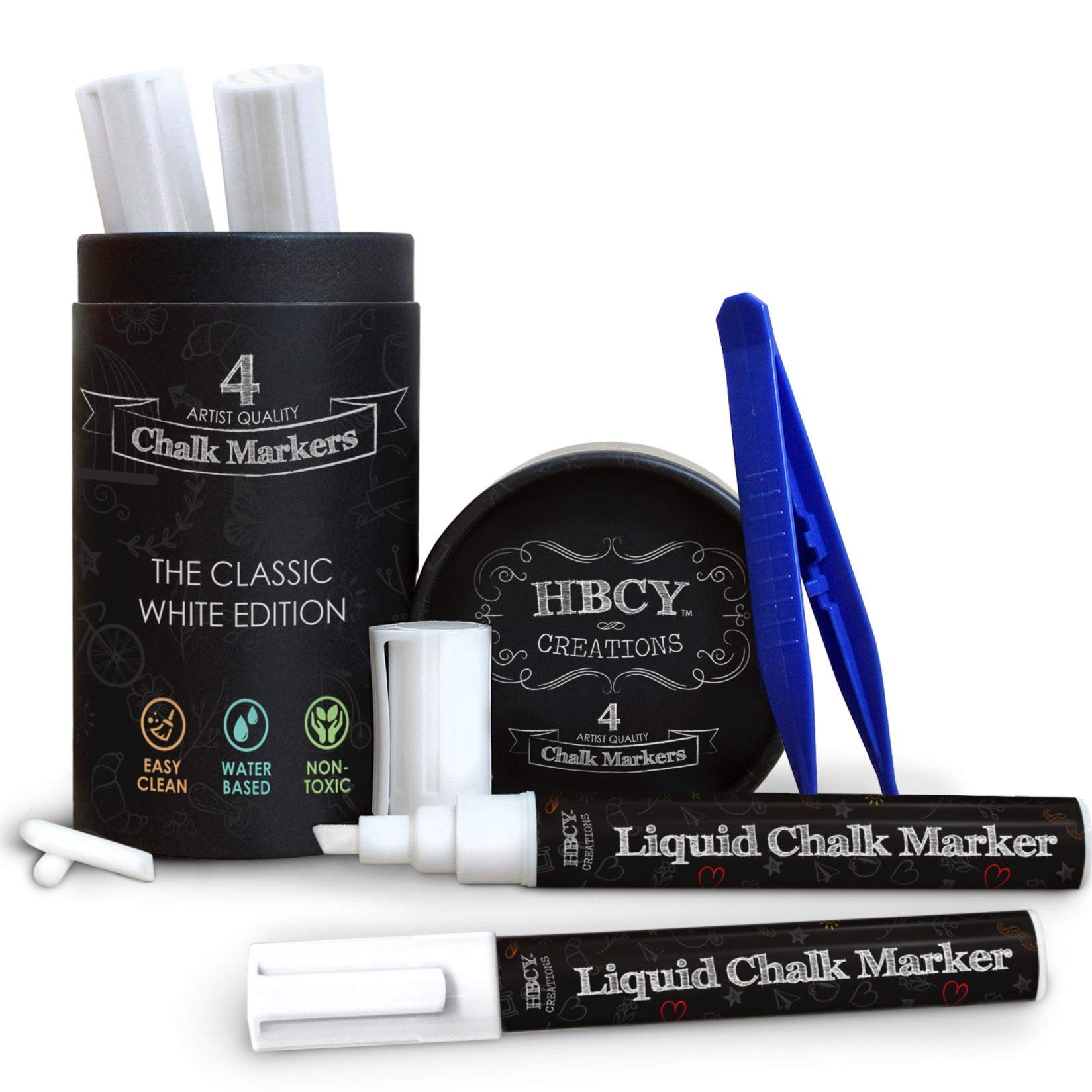 Book Cover HBCY Creations Liquid Chalk Markers Set - 4 White Non-Toxic Erasable Chalkboard Markers - For Chalk Boards, Glass, Labels & Car Windows! 2 Extra Chisel & Bullet Tips, Tweezers & Chalk Pen Holder! Classic White Edition 4 Count (Pack of 1)