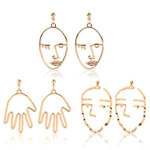 Book Cover Face Earring Set-Mookoo 3 Pair Gold Tone Hypoallergenic Earrings for Girls Teens Women Earrings Including Hollow Face Hand Shape Gold Statement Earrings