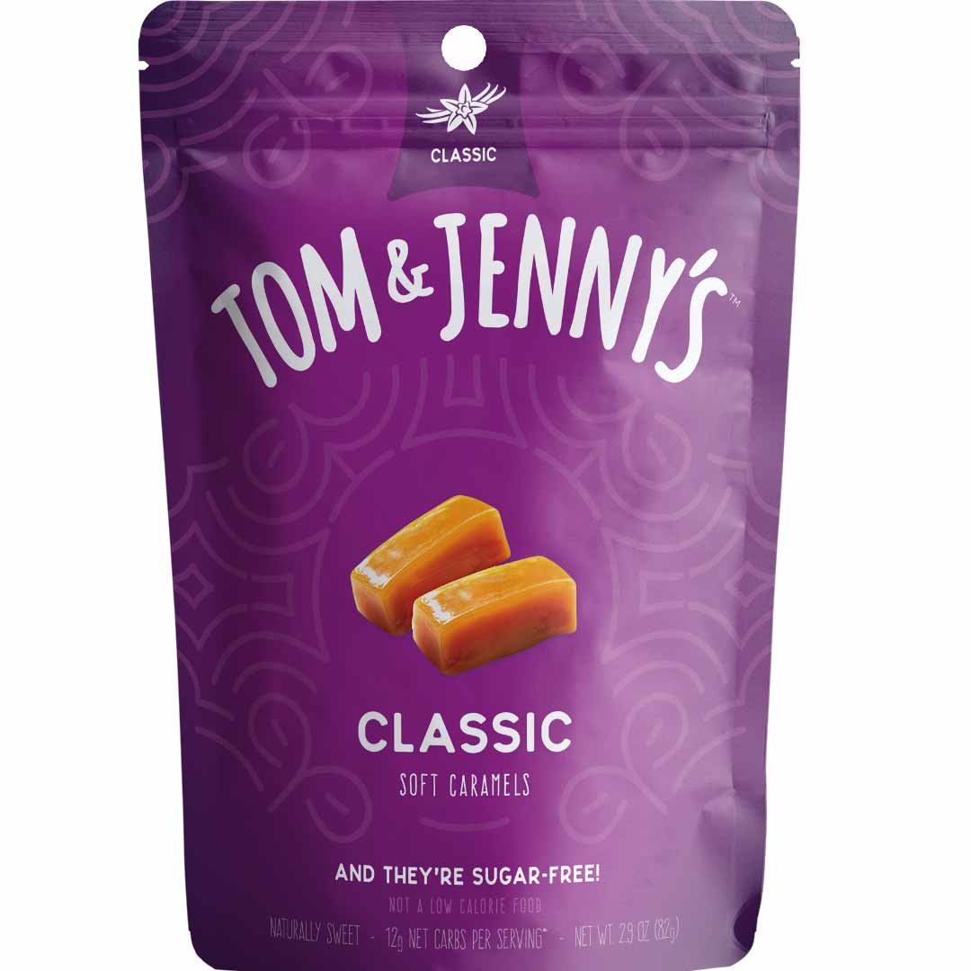 Book Cover Tom & Jenny's Sugar Free Candy (Soft Caramel) with Sea Salt and Vanilla - Low Net Carb Keto Candy - with Xylitol and Maltitol - (Classic Caramel, 1-pack) Caramel 2.9 Ounce (Pack of 1)