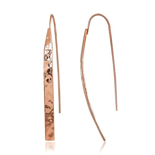 Book Cover Hoops & Loops 925 Sterling Silver High Polished Hammered Long Flat Bar Threader Drop Earrings for Women and Teen Girls, Silver, Yellow & Rose Gold