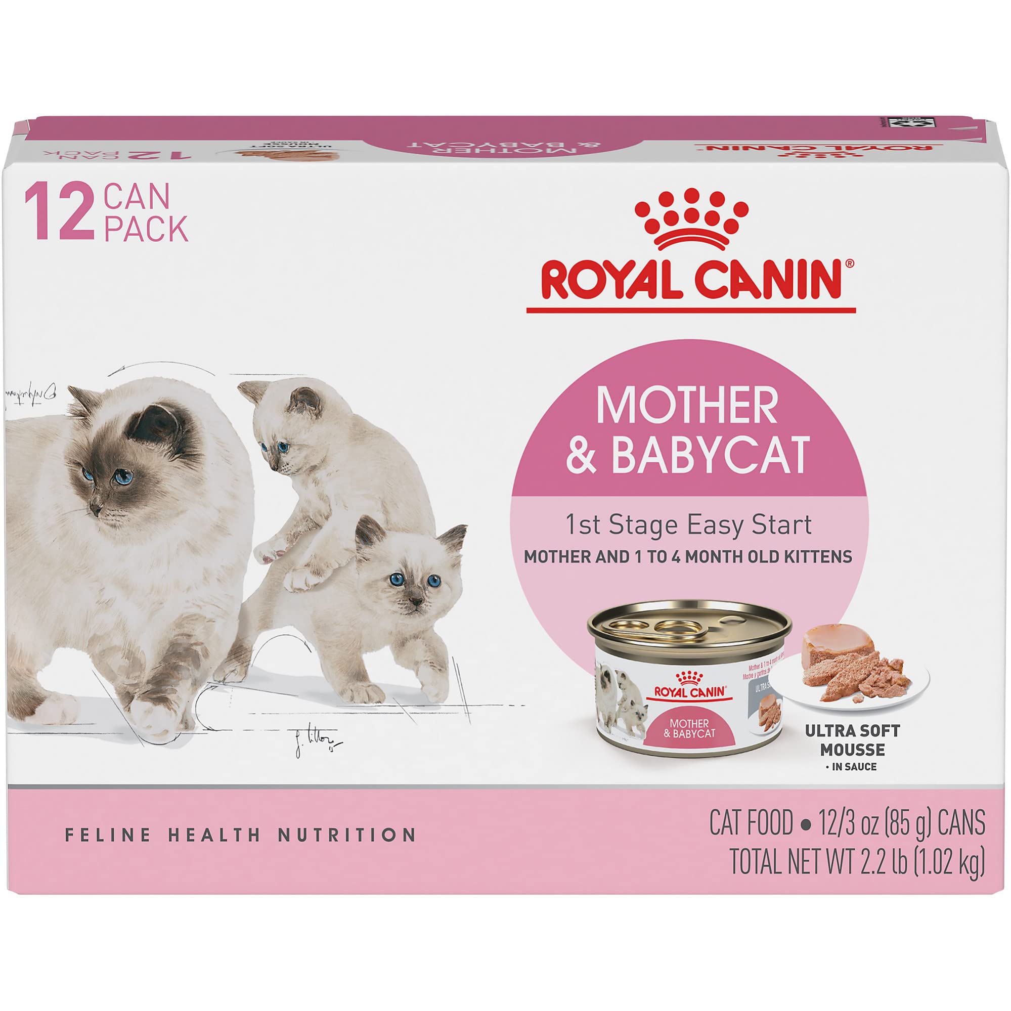 Book Cover Royal Canin Feline Health Nutrition Mother & Babycat Ultra Soft Mousse in Sauce Canned Cat Food, 3 oz cans 12-pack 3 Ounce (Pack of 12) White