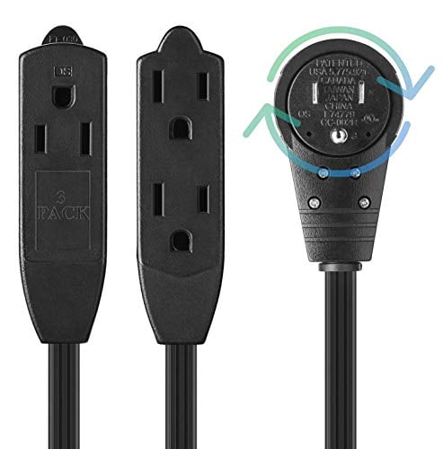 Book Cover Maximm Cable 1 Ft 360Â° Rotating Flat Plug Extension Cord/Wire, 12 Inch Multi Outlet Extension Wire, 3 Prong Grounded Wire - Black - 3 Pack, UL Listed