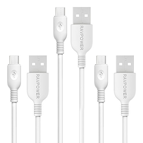 Book Cover RAVPower 3-Pack Micro USB Cable Sync and Charge (3ft x 2, 6ft) for Samsung, Huawei, HTC, Nexus, Motorola, Nokia, LG, MP3, Tablet, Windows, PS4, Camera - White (Not for iPhone)
