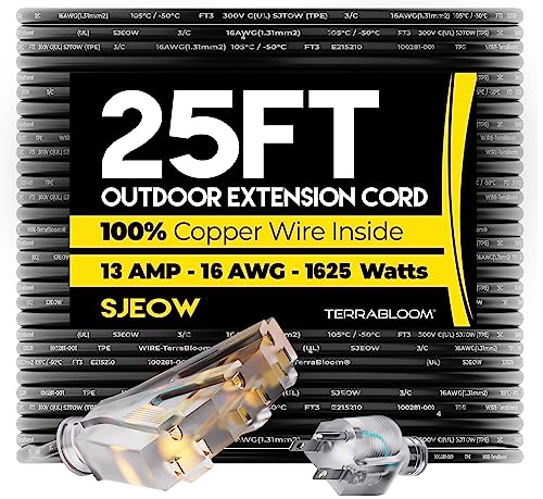Book Cover TerraBloom 16/3 Heavy Duty Extension Cord 25 FT Outdoor - Black Outdoor Extension Cord Multiple Outlet - Ultra-Flexible SJEOW Rubber, Light Indicator, Triple Outlet for Maximum Efficiency - 13 Amp
