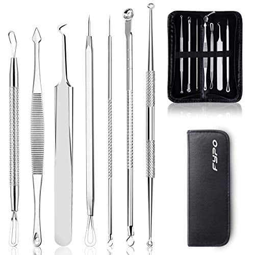 Book Cover BESTOPE Pimple Popper Tool Kit 7 PCS, Fypo Blackhead Remover Kit Whitehead Blemish Acne Comedone Stainless Steel Removal Tools, Black