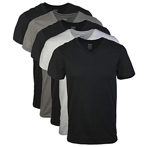 Book Cover Gildan Men's V-Neck T-Shirts, Multipack, Style G1103, Black/Sport Grey/Charcoal (5-Pack), Large
