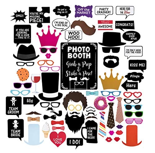 Book Cover Wedding Photo Booth Props - Set with Chalkboard Style Black Sign, Wooden Sticks and Stand | 75 Pieces