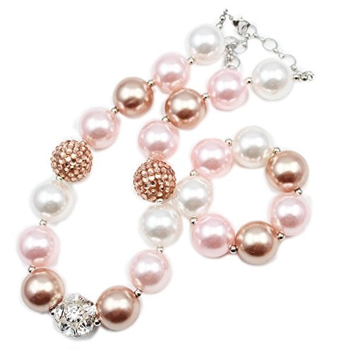 Book Cover Artvine Silver Alloy Rhineatone Pink&Champagne Gold Pearl Beads Baby Chunky Bubblegm Girl Necklace Bracelet set
