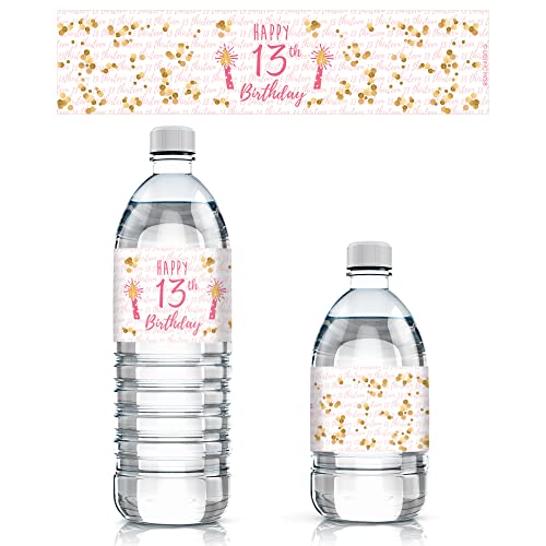 Book Cover Girls 13th Birthday Party Water Bottle Labels, Pink and Gold (24 Stickers)