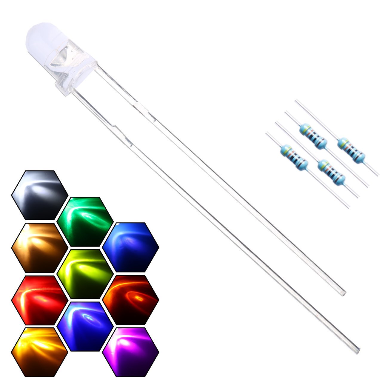 Book Cover EDGELEC 200pcs 10 Colors x 20pcs 3mm LED Light Emitting Diode Assorted Kit 29mm Lead Clear Round Lamp White Red Blue Green Yellow Purple/UV Ultra Bright LEDs Bulb +300pcs Resistors For DC 6-12V Lights