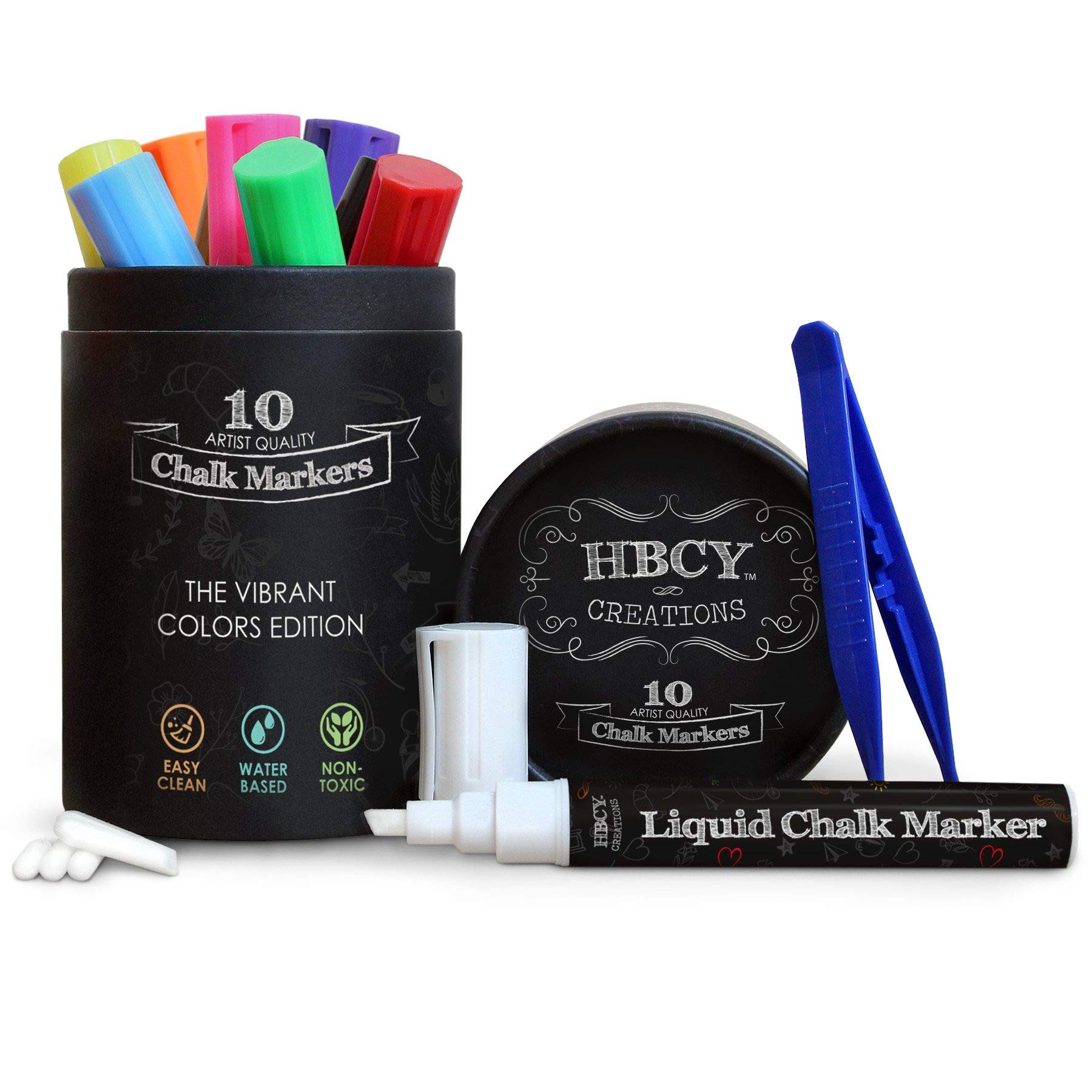 Book Cover HBCY Creations Liquid Chalk Markers Set - 10 Neon Colored Non-Toxic Erasable Chalkboard Markers - For Chalk Boards, Glass, Labels & More! 5 Extra Chisel & Bullet Tips, Tweezers & Chalk Pen Holder!