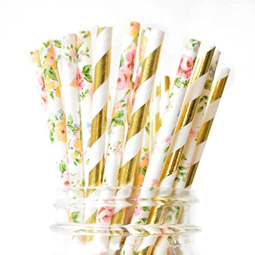 Book Cover Twigs & Twirls Paper Straws Floral and Gold Paper Straws 50 Pack, Floral Party Supplies Decorations for Baby Shower, Birthday Straws, Floral Bridal Shower Decor (Floral Metallic Gold)