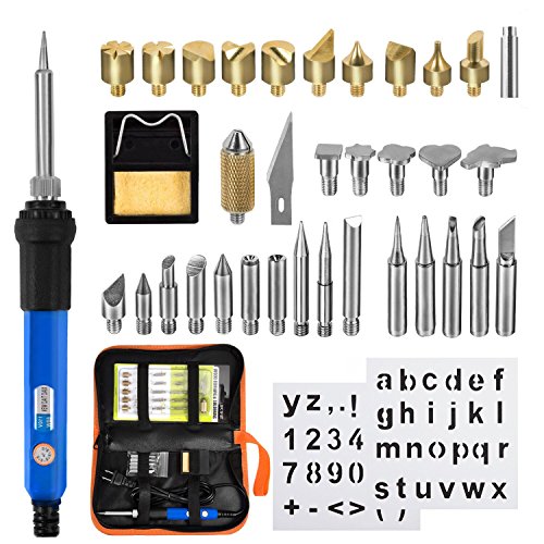Book Cover Wood Burning Kit,EletecPro 37Pcs Soldering Iron Set Adjustable Temperature with Soldering Iron Pen, 15 x Wood Burning Tips, 16 x Soldering Tips, 2 x Stencil, Converter
