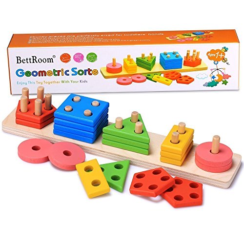 Book Cover BettRoom Wooden Educational Preschool Toddler Toys for 3 4-5 Year Old Boys Girls Shape Color Recognition Geometric Board Blocks Stack Sort Kids Children Non-Toxic Toy(14IN)