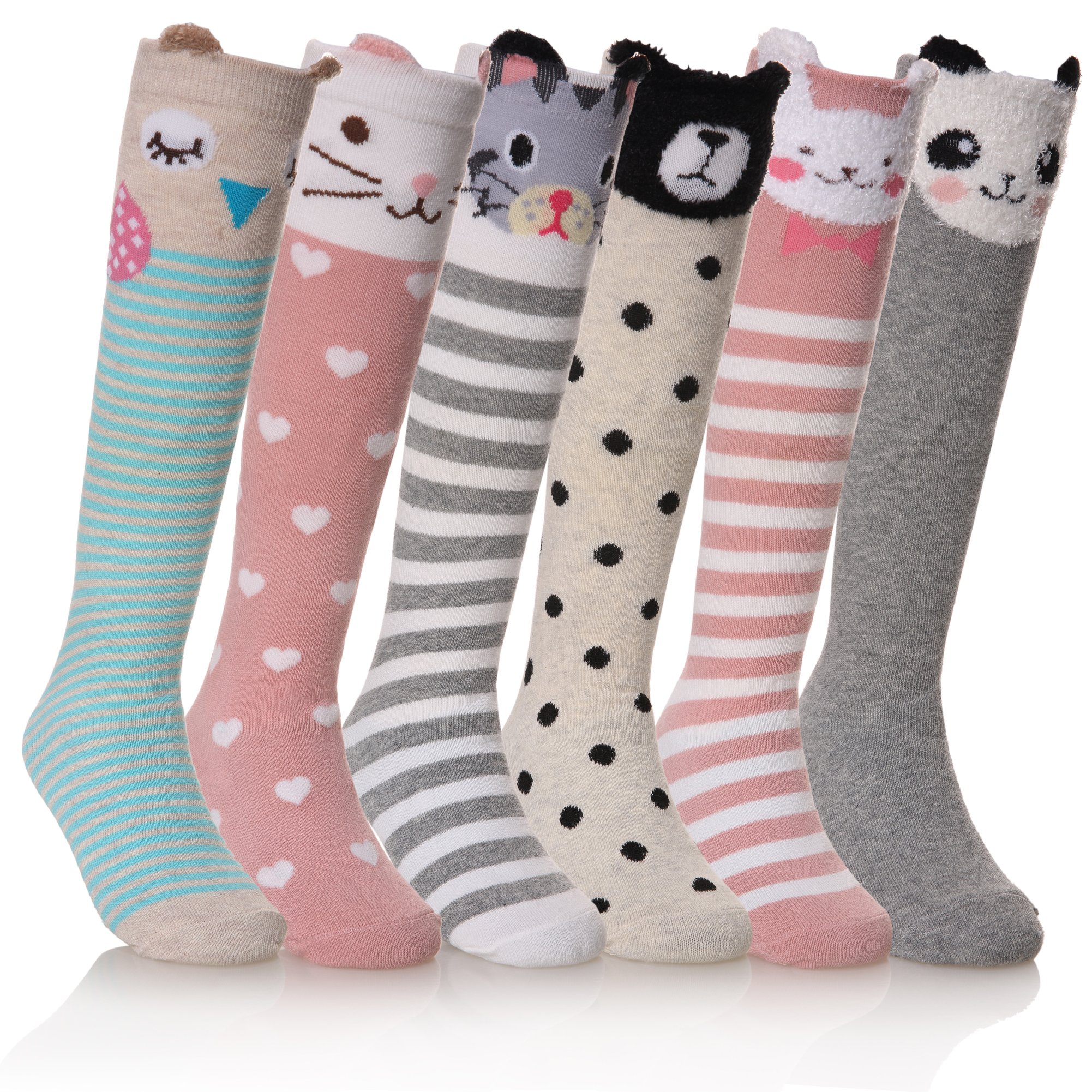 Book Cover FNOVCO Girls Knee High Socks Cartoon Animal Patterns Cotton Over Calf Socks 6 Pairs Animal