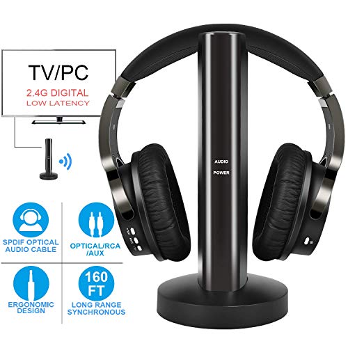 Book Cover Rybozen Wireless TV Headphones 2.0 Over Ear Cordless Headphone with RF Transmitter - with Electronic Volume Control 20 Hour Rechargeable Battery and Charging Dock for TV MP3 iPods and Smartphones