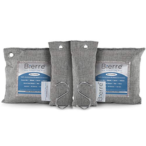 Book Cover Bierre 4 Pack, 100% Bamboo Activated Charcoal Air Purifying Bags - Eco Friendly Natural Odor Remover - Unscented, Non Chemical - Removes Bacteria, Allergens, Pollutants, Absorbs Moisture, Mold, Mildew