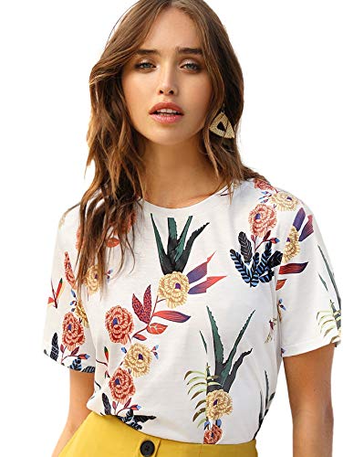 Book Cover SheIn Women's Casual Round Neck Rose Floral Print Short Sleeve Summer Tee Tshirt