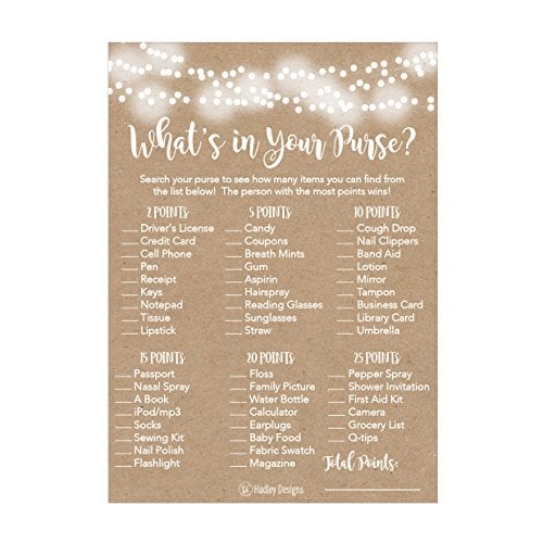 Book Cover 25 Rustic Whats In Your Purse Bridal Wedding Shower or Bachelorette Party Game Item Cards Engagement Activities Ideas For Couples Funny Co Ed Rehearsal Dinner Supplies and Decoration Favors For Guests
