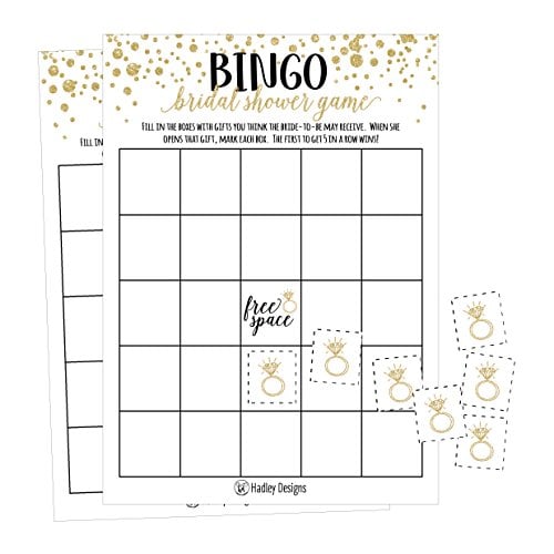 Book Cover 25 Gold Vintage Bingo Game Cards For Bridal Wedding Shower and Bachelorette Party, Bulk Blank Squares To Fill In Gift Ideas, Funny Supplies For Bride and Couple PLUS 25 Wedding Ring Bingo Chip Markers