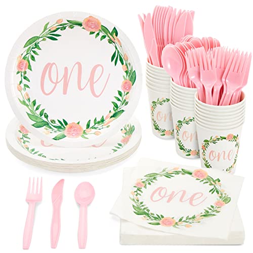 Book Cover Baby Girl 1st Birthday Decorations, Floral One Year Old Party Plates, Napkins, Cups, Pink Cutlery (144 Pieces, Serves 24)
