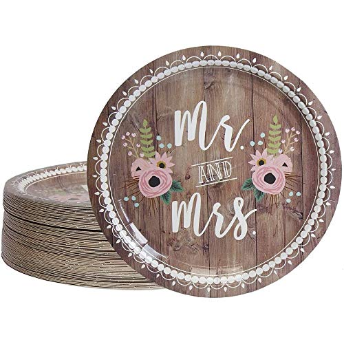 Book Cover Disposable Plates - 80-Count Paper Plates, Wedding Party Supplies for Appetizer, Lunch, Dinner, and Dessert, Mr. and Mrs. Rustic Wedding Theme Design, 9 Inches in Diameter