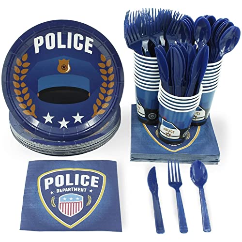 Book Cover Police Party Bundle, Includes Plates, Napkins, Cups, Cutlery (24 Guests,144 Pieces)