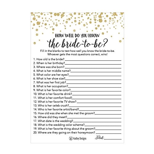 Book Cover 25 Black and Gold How Well Do You Know The Bride Bridal Wedding Shower or Bachelorette Party Game, Who Knows The Best, Does The Groom? Couples Guessing Question Set of Cards Pack, Printed Engagement